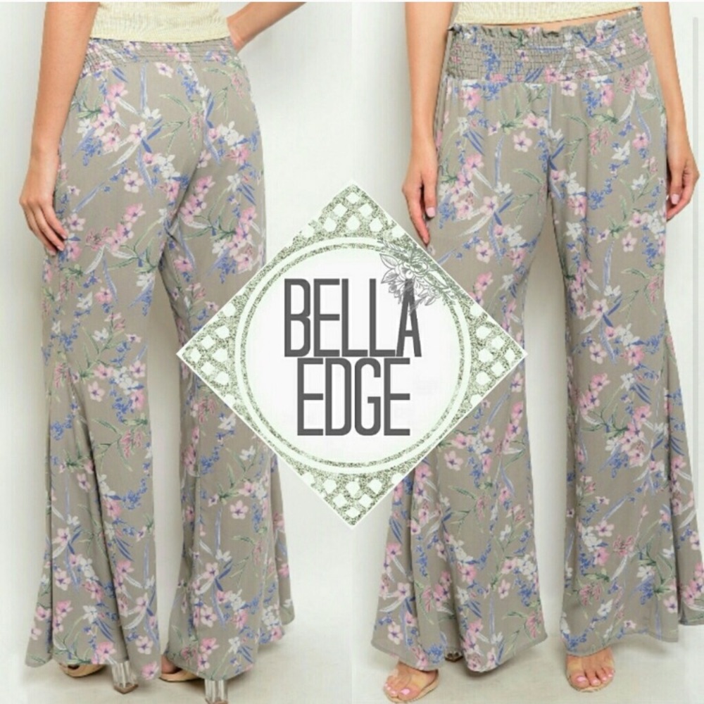 Grey Floral Wide Leg Pants